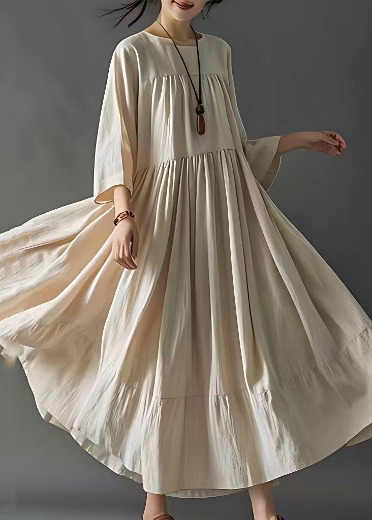 Art Beige Wrinkled Cotton Long Dresses Bracelet Sleeve
