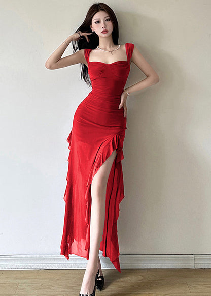Purple Ruffled Tulle Side Open Slim Fitting Suspender Dress