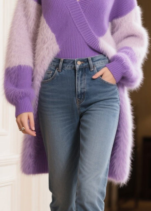 Purple V Neck Patchwork Faux Fur Long Sweater Winter