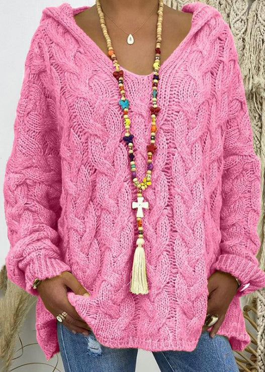 Blue V Neck Hooded Loose Knit Sweaters Fall