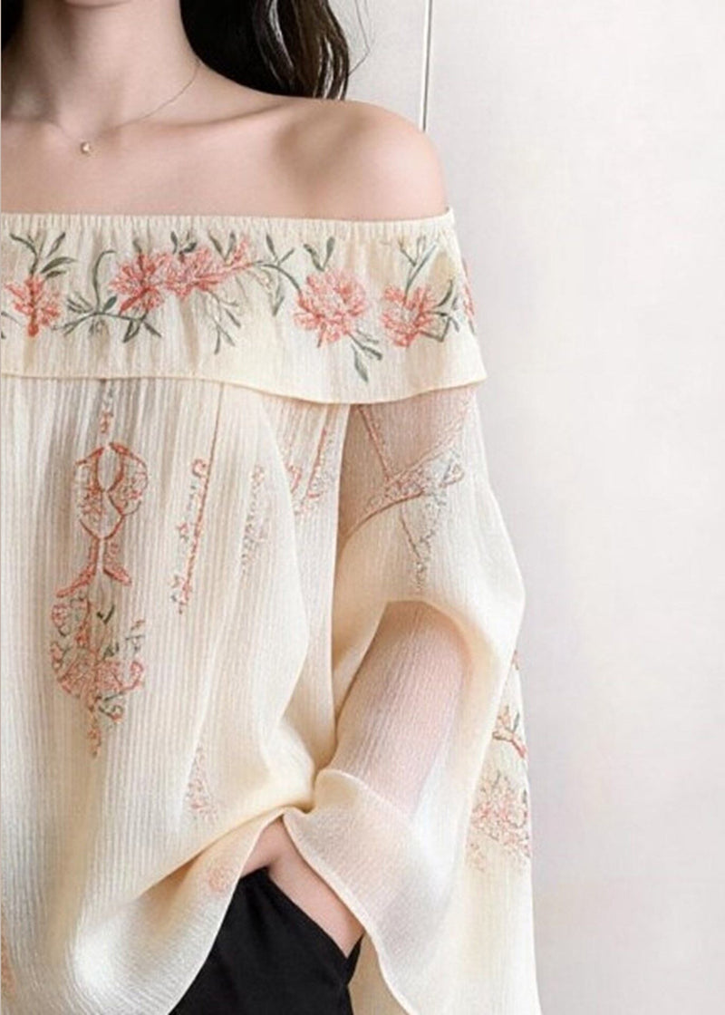 Beige Cold Shoulder Print Cotton Blouses Flare Sleeve
