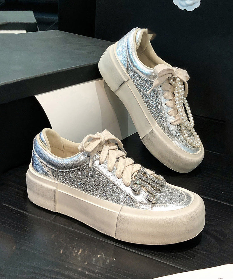 Silk Platform Cowhide Leather Splicing Lace Up Sequins Flat Shoes for