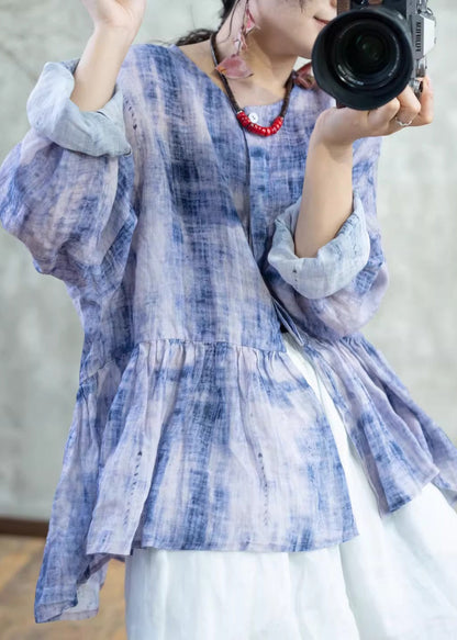 Blue O Neck Tie Dye Patchwork Cotton Top Spring