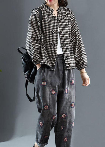Black O-neck Plaid Fall Long Sleeve Trench