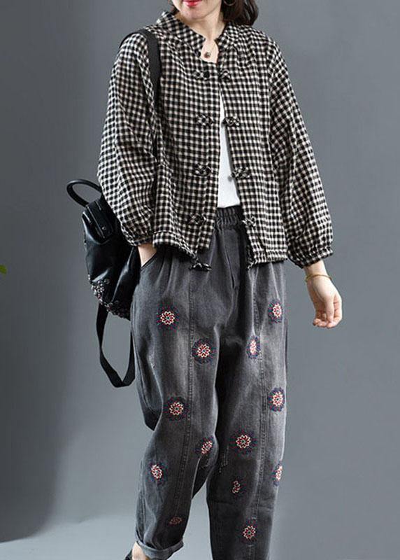 Black O-neck Plaid Fall Long Sleeve Trench