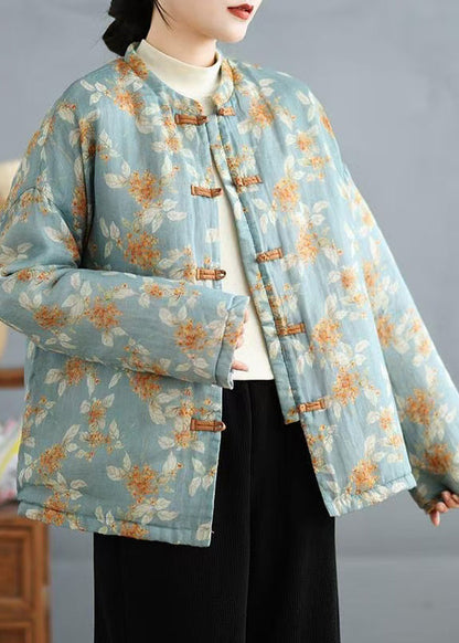 Light Blue Print Fine Cotton Filled Coats Stand Collar Spring