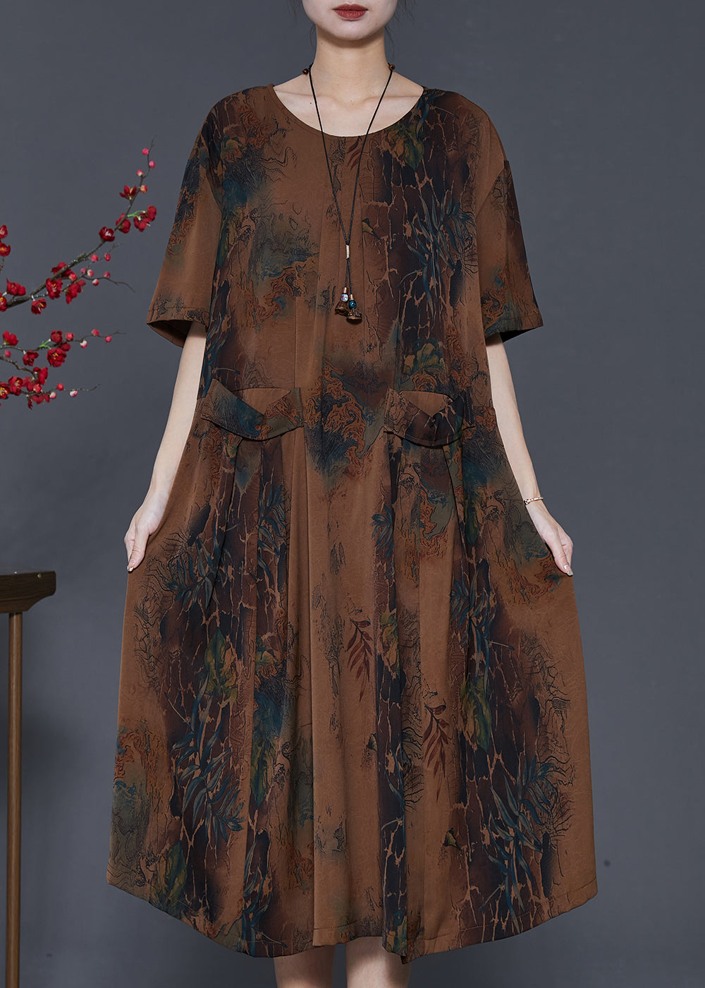 Stylish Coffee Oversized Print Pockets Silk Maxi Dresses Summer