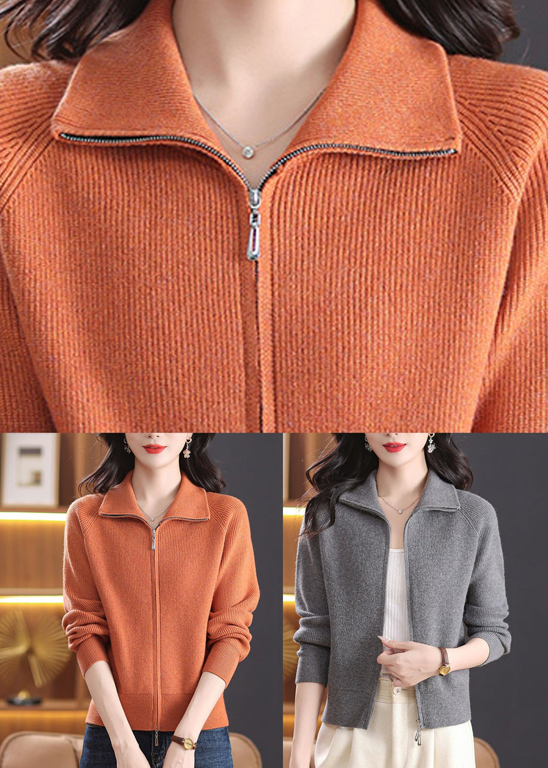 Grey Zippered Knitted Cotton Coats Long Sleeve