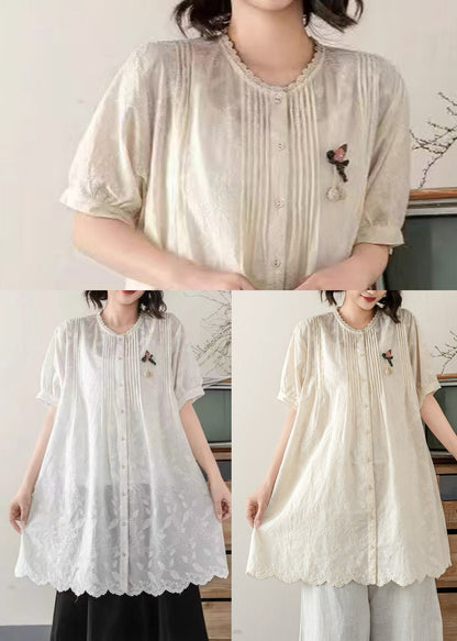 Beige Cotton a Line Tops Embroidered Wrinkled Summer
