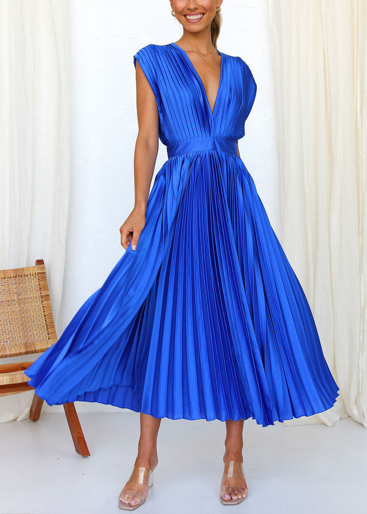 Loose Blue V Neck Wrinkled Cotton Dresses Summer