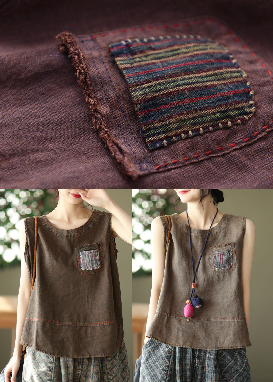 French Chocolate O-neck Patchwork Linen Tank Tops Sleeveless