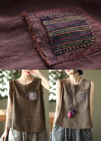 French Chocolate O-neck Patchwork Linen Tank Tops Sleeveless
