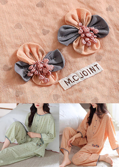 Loose Green O Neck Print Elastic Waist Cotton Pajamas Two Pieces Set Fall