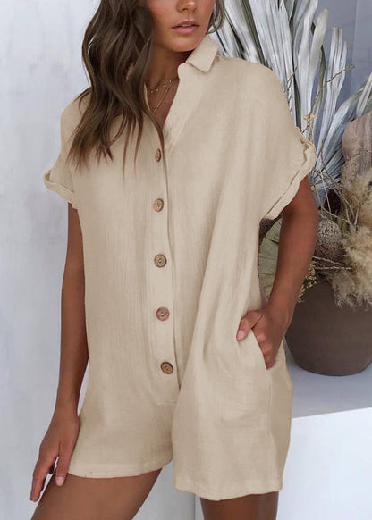 Boutique Khaki Peter Pan Collar Button Cotton Jumpsuit Summer