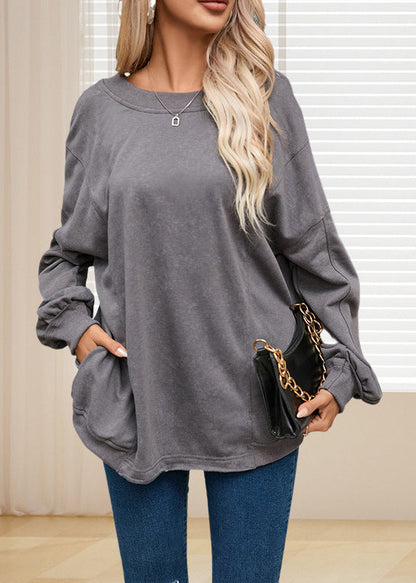 Loose Grey Slash Neck Cotton Sweatshirts Top Fall