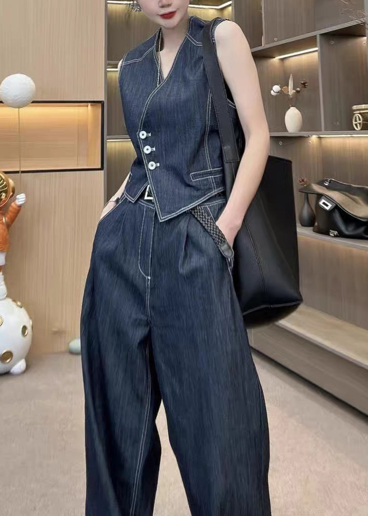 French Blue Button Waistcoat and Pants Denim Two Pieces Set Sleeveless