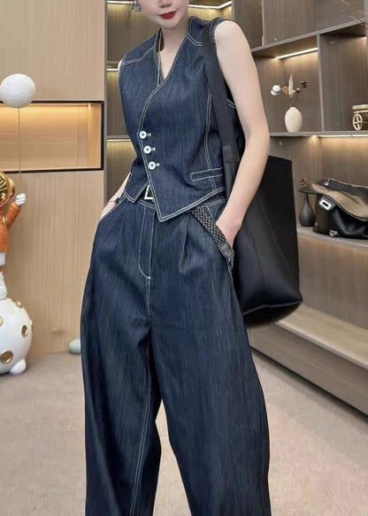 French Blue Button Waistcoat and Pants Denim Two Pieces Set Sleeveless