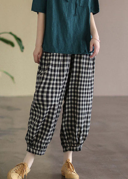 Black Plaid Pockets Patchwork Cotton Lantern Pants Summer