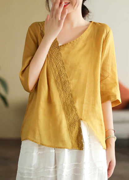 White V Neck Lace Patchwork T Shirt Short Sleeve