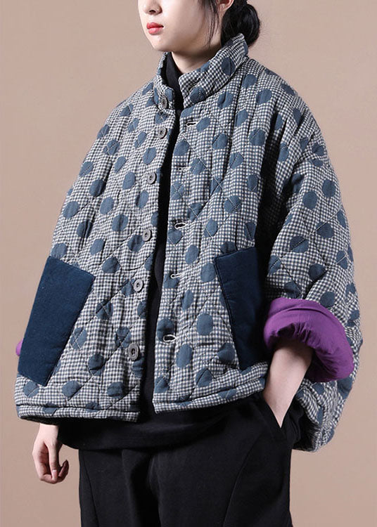 Blue Pockets Patchwork Dot Winter Cotton Coat