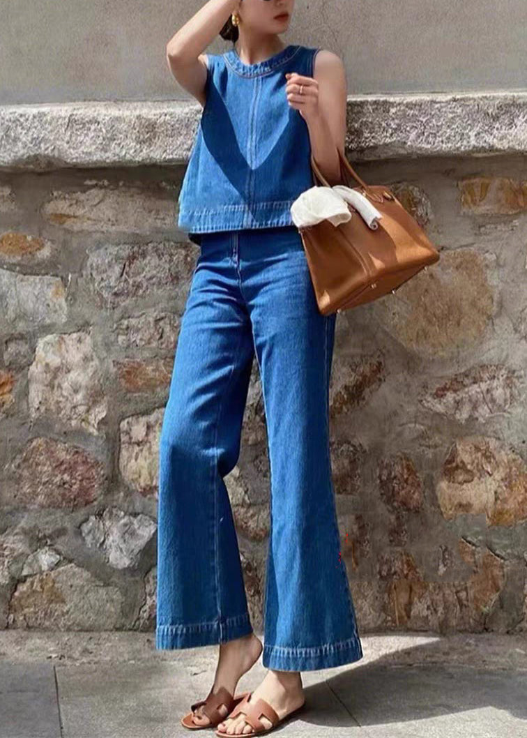 Boutique Denim Blue Patchwork Top and Wide Leg Pants Two Piece Set Sleeveless