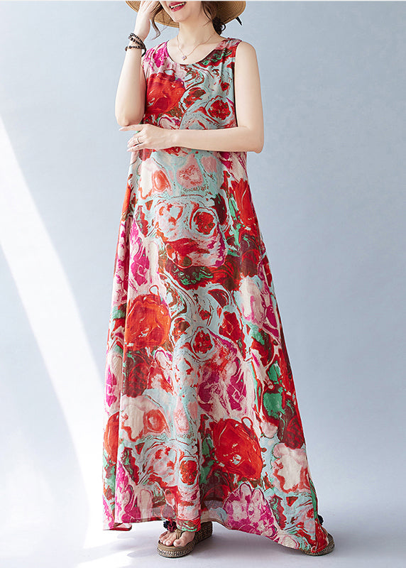 Red Oversized Print Cotton Holiday Dress Sleeveless