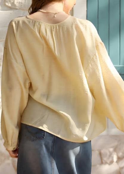 Yellow O Neck Button Cotton Shirts Tops Spring