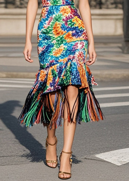 Multicolour Tasseled Print Knit Wraped Dresses Summer