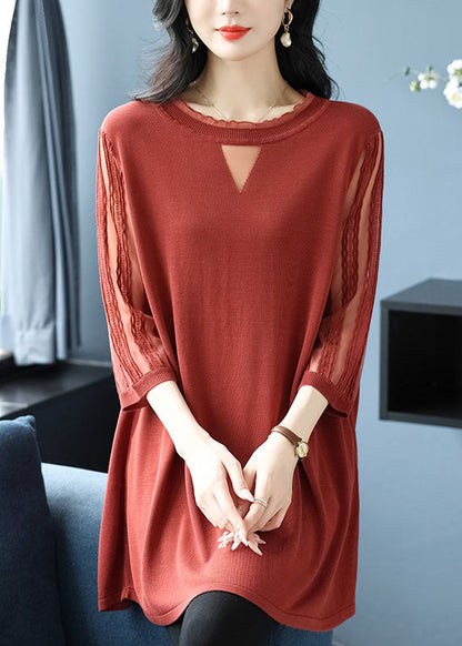 Green O Neck Patchwork Ice Silk Knitted Tops Half Sleeve