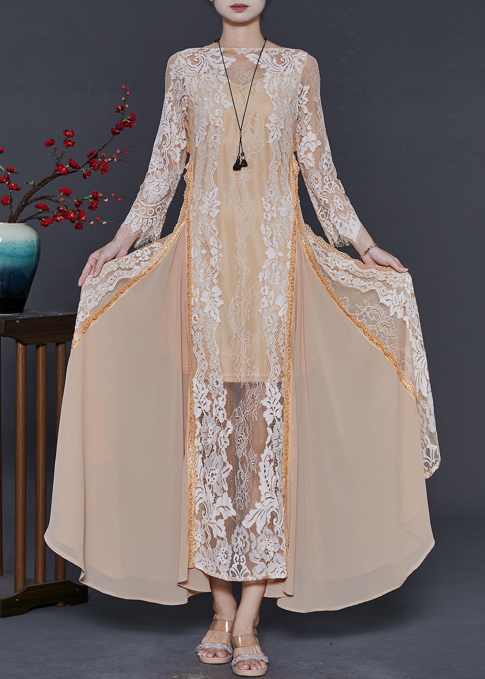 Italian Apricot Exra Large Hem Lace Patchwork Chiffon Party Dress Fall