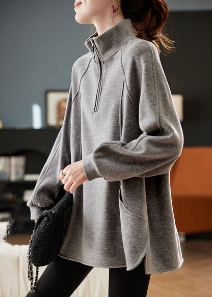 Grey Turtleneck Patchwork Fleece Sweatshirt Spring