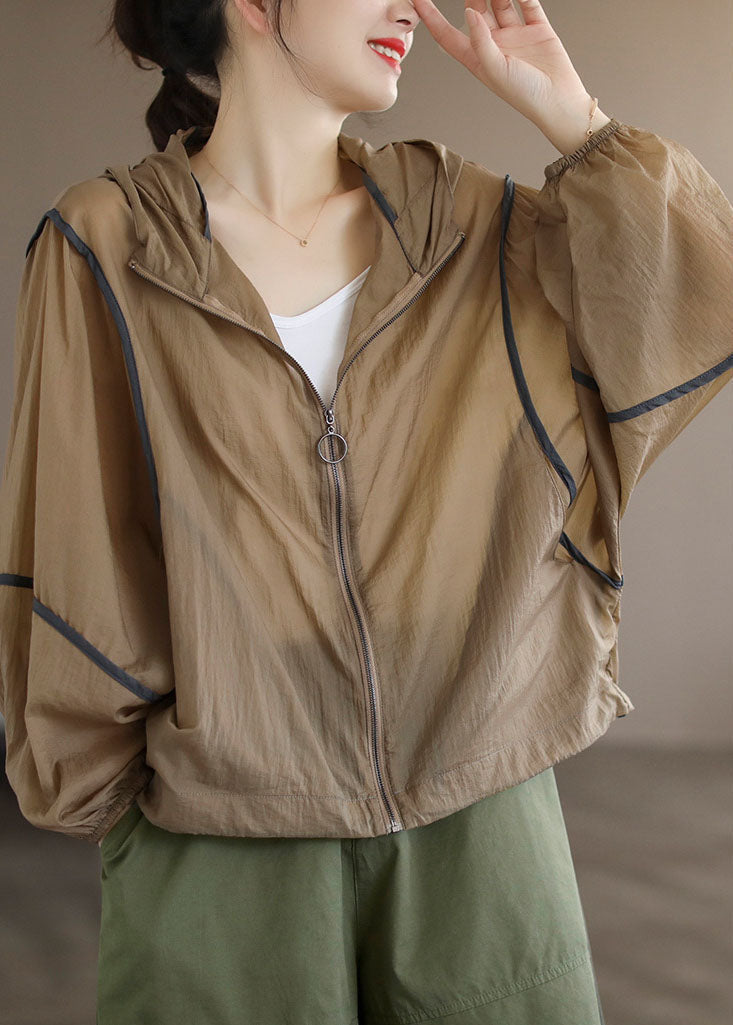 Khaki Patchwork Cotton Upf 50+ Coat Hooded Oversized Long Sleeve