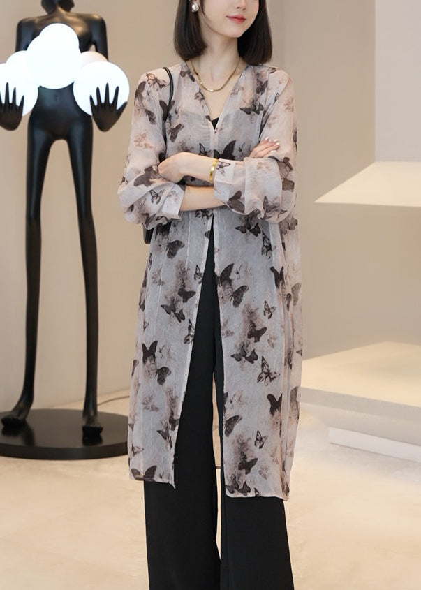 Light Brown V Neck Print Long Cardigan Summer