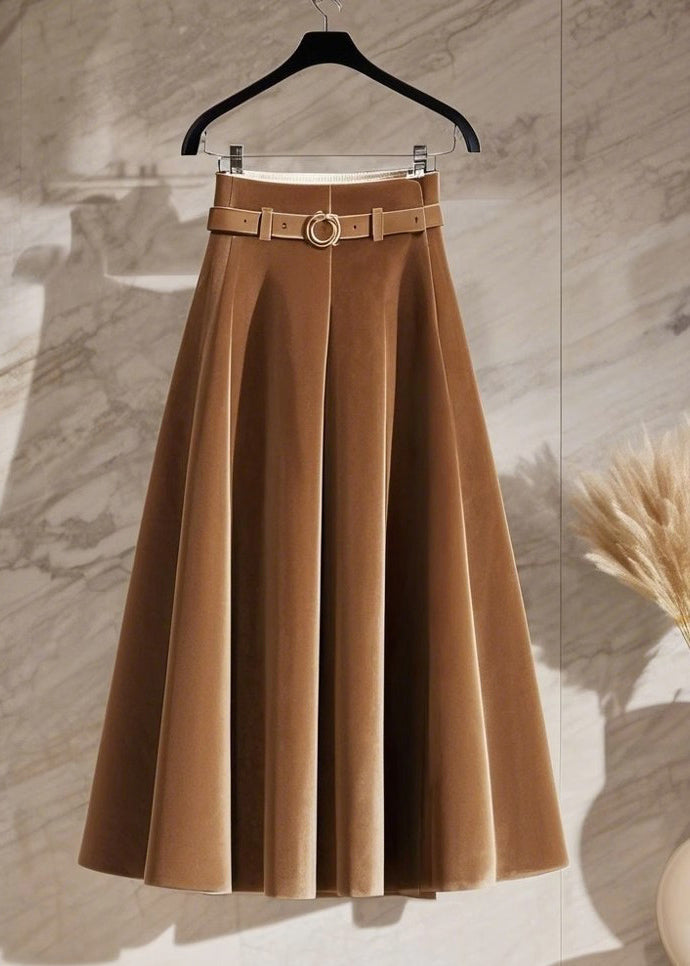Coffee High Waist Sashes Silk Velvet Maxi Skirt Spring