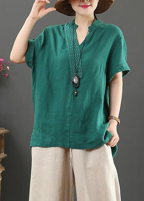 Diy V Neck Cotton Linen Summer Clothes Green Silhouette Top