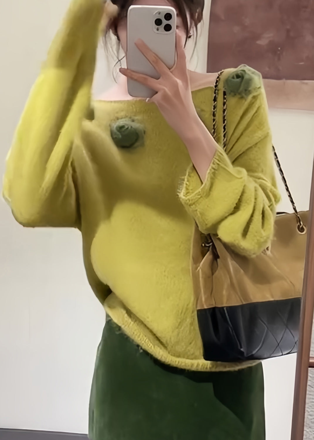 Fitted Yellow Slash Neck Decorated Knit Pullover Fall