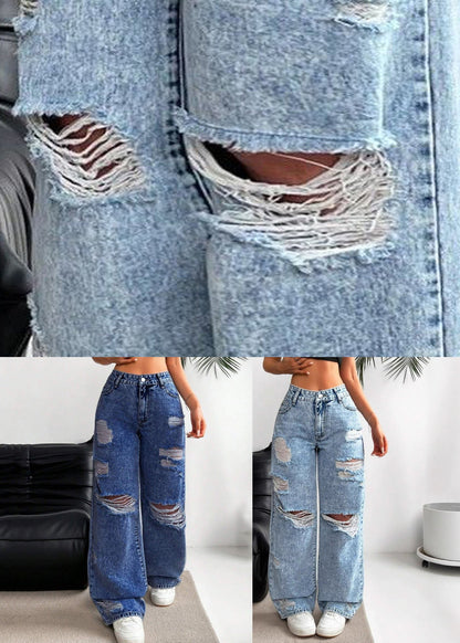 Dark Blue High Waist Ripped Wide Leg Denim Pants Fall