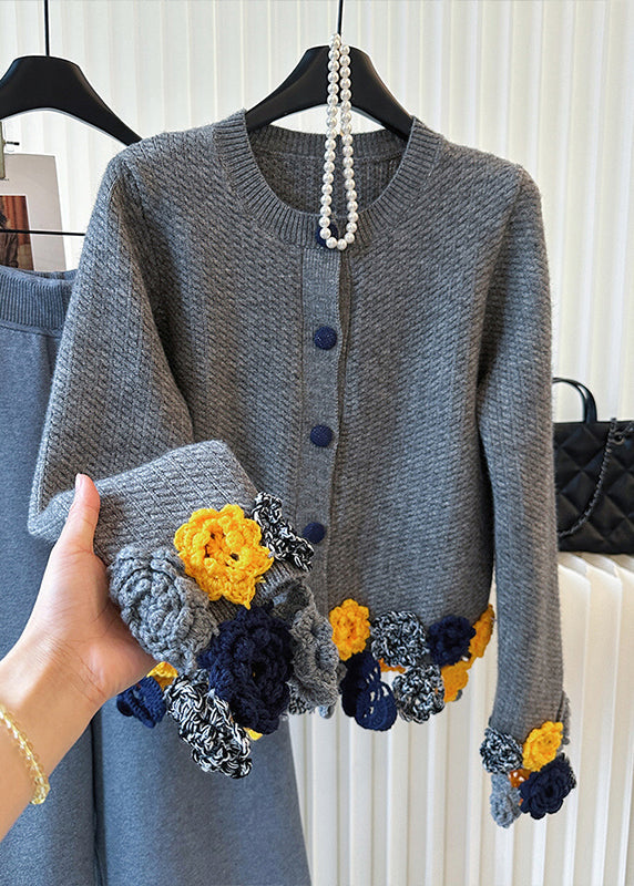 Grey O-neck Knit Cardigan Winter
