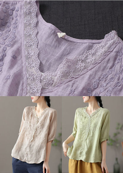 Purple V Neck Embroidered Linen Blouse Tops Half Sleeve