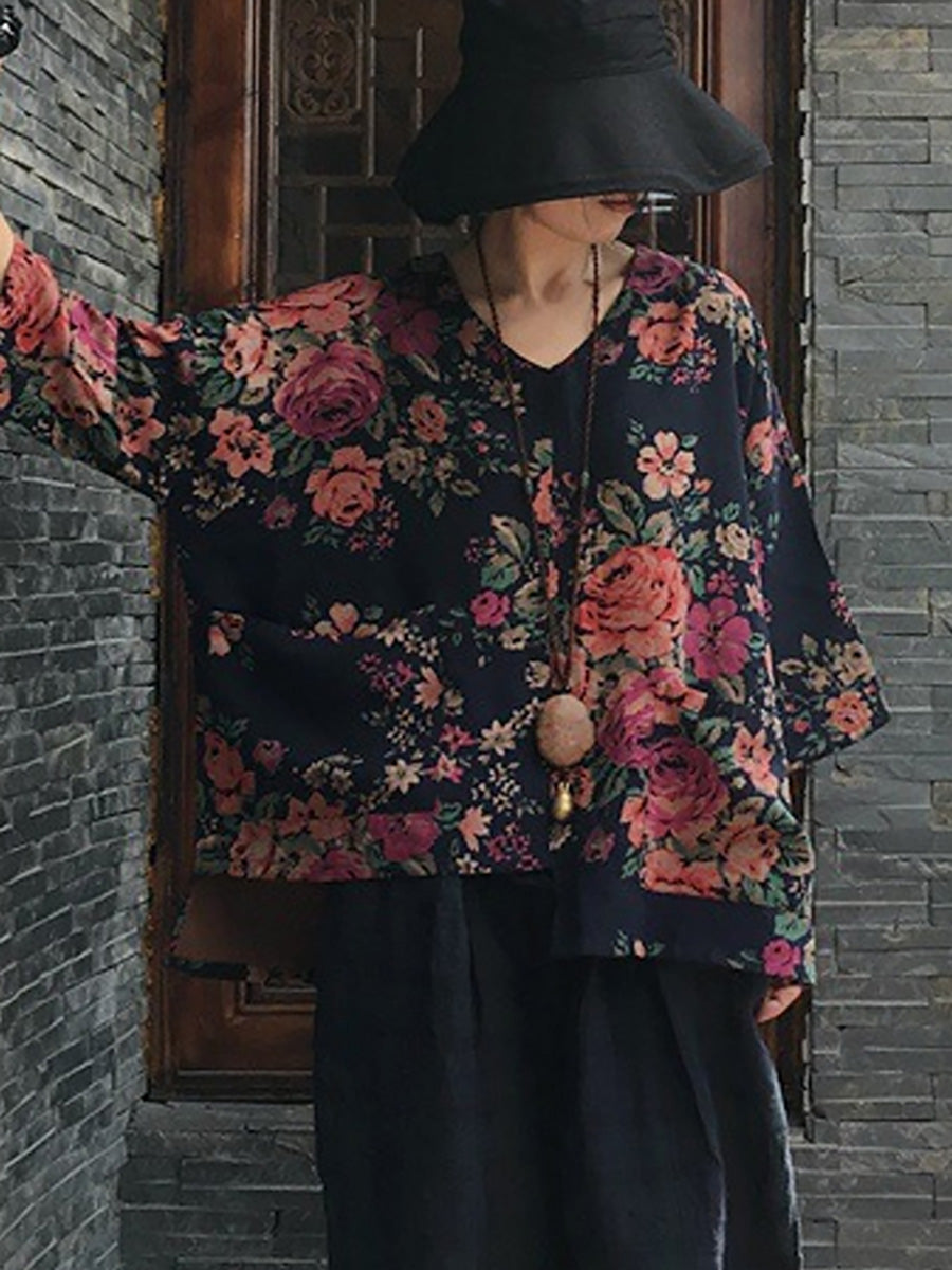 V-neck Long Sleeve Cotton Blouse Shirt