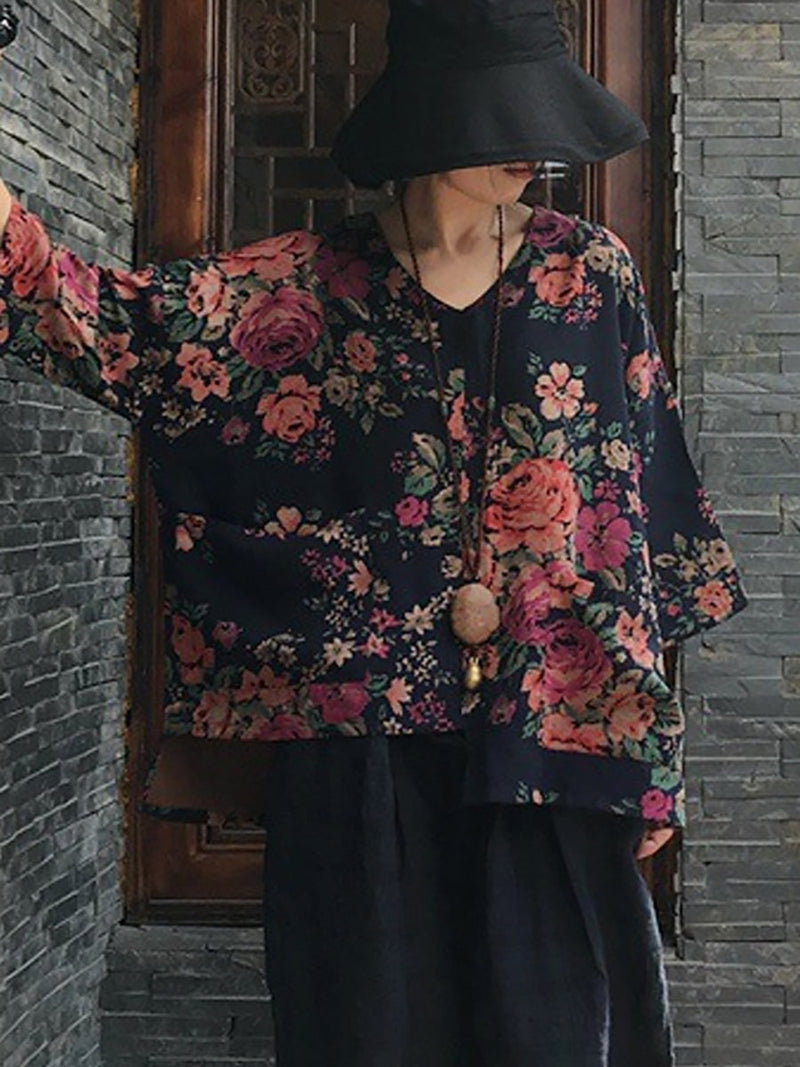 V-neck Long Sleeve Cotton Blouse Shirt