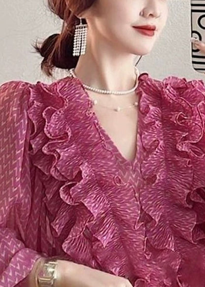 Pink V Neck Ruffled Print Chiffon Shirt Spring