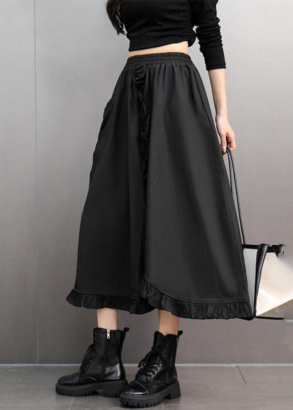 Stylish Black Ruffled Patchwork Pockets Elastic Waist a Line Skirts Spring