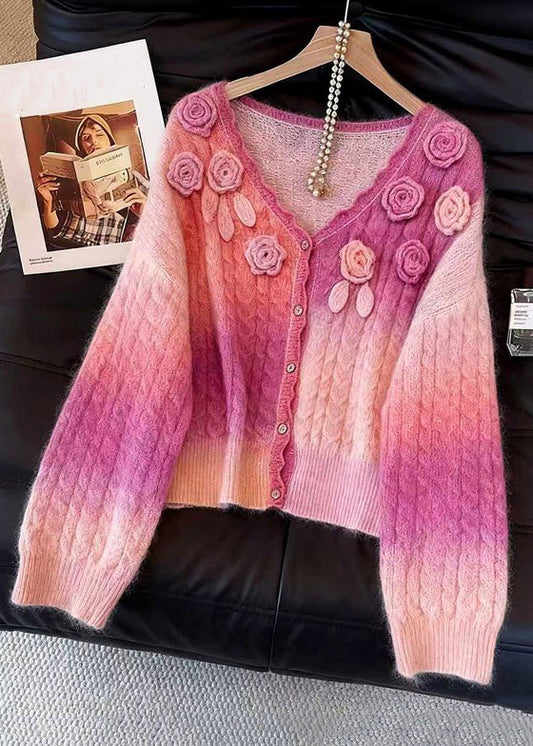 Pink Gradient Color Button Knit Cardigan V Neck Fall
