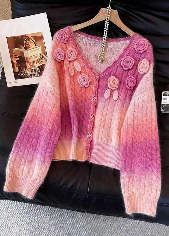 Pink Gradient Color Button Knit Cardigan V Neck Fall