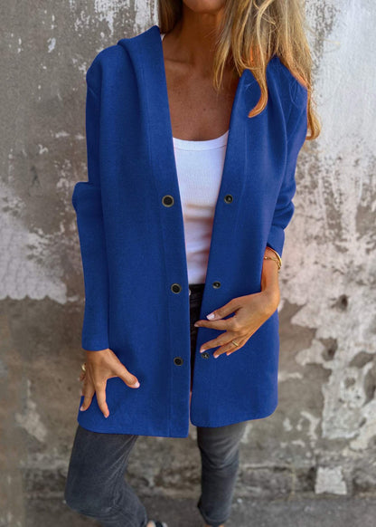 Grey Hooded Button Pockets Cotton Coat Fall