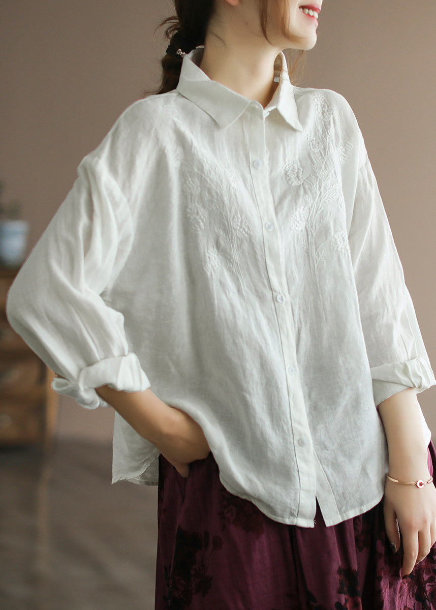 Organic Yellow Peter Pan Collar Embroidered Button Linen Shirts Long Sleeve