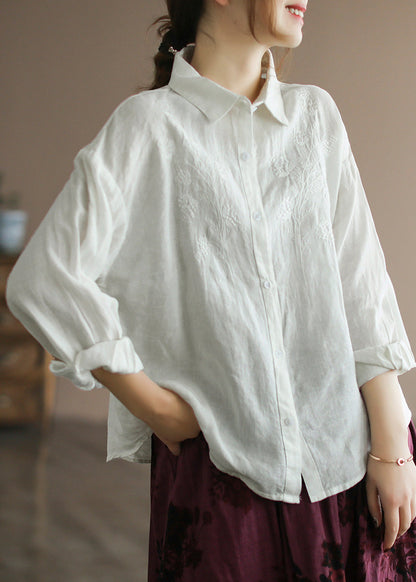 Organic Yellow Peter Pan Collar Embroidered Button Linen Shirts Long Sleeve