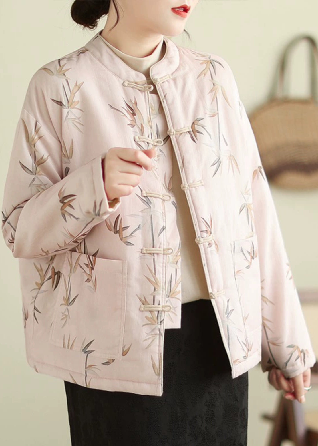 Pink Stand Collar Button Print Thick Coats Winter