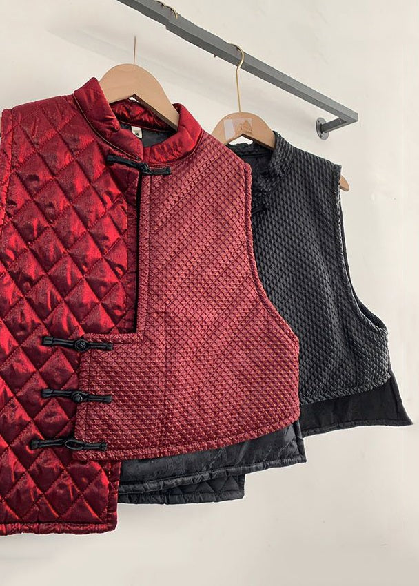 Red Asymmetrical Chinese Button Cotton Blended Waistcoat Sleeveless